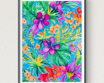 Hawaiiansk hibiskus akvarellmålning, Hawaii konsttryck, Aloha, tropisk blomma väggkonst, ö heminredning, tropisk botanisk illustration