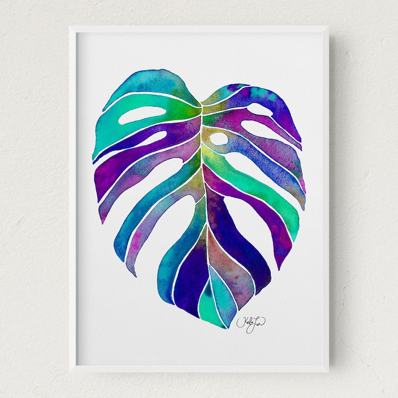 May include: A watercolor painting of a large, heart-shaped monstera leaf in shades of blue, purple, and green. The leaf is outlined in black and has a white background.