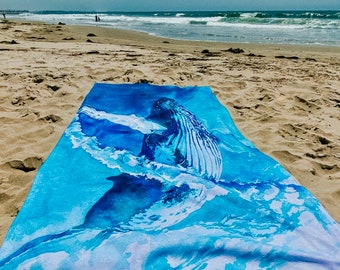 Humpback Whale Beach Towel Art, Recycled Microfiber Beach Towel, Summer Beach Blanket, Whale Art Print, Large Summer Beach Towel, Pool Towel