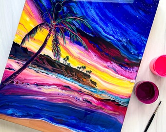 Sunset Ocean Art, Hawaii Art, Tropical Island Paradise, Ocean Beach Art, Original Acrylic Painting, Hawaiian Beach House, Beach Home Decor