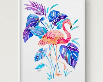 Pink Flamingo Watercolor Art Print, Pink Flamingo Tropical Painting, Flamingo Tropical Decor, Modern Tropical Decor, Tropical Art Print