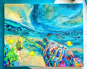 Sea Turtle Acrylic Painting, Acrylic Pour Art, Turtle Art, Coral Reef, Tropical Fish, Underwater, Sea Turtle Wall Decor, Tropical Ocean Art