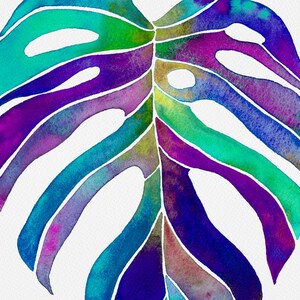 May include: A watercolor painting of a large, tropical leaf with vibrant colors, including shades of blue, green, purple, and pink. The leaf is outlined in white and has a central vein.