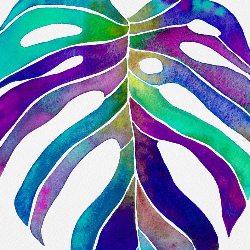 May include: A watercolor painting of a large, tropical leaf with vibrant colors, including shades of blue, green, purple, and pink. The leaf is outlined in white and has a central vein.
