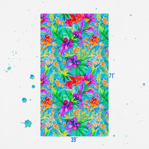 May include: A vibrant, watercolor-style fabric featuring a tropical floral pattern. The design includes bright red, orange, and purple flowers, green leaves, and yellow accents against a turquoise background. The fabric measures 39 inches wide by 71 inches long.