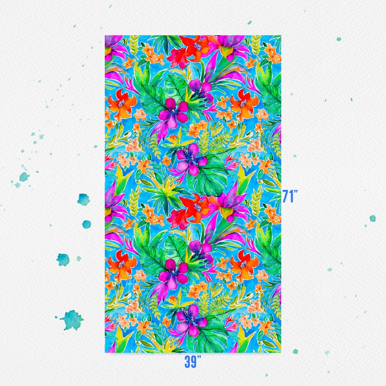 May include: A vibrant, watercolor-style fabric featuring a tropical floral pattern. The design includes bright red, orange, and purple flowers, green leaves, and yellow accents against a turquoise background. The fabric measures 39 inches wide by 71 inches long.