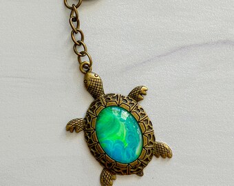 Turtle Pendant Glass Cabochon, Handmade Sea Turtle Keychain, Turtle Pendant, Hand Painted Turtle Shell, Sea Turtle Custom Art, Beach Gift