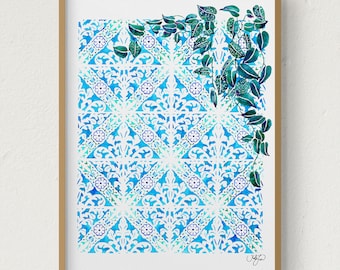 Moroccan Tile Art Print, Blue Moroccan Wall Art, Moroccan Decor, Botanical Travel Art, Mosaic Tile Pattern, Floral Design, Tropical Painting