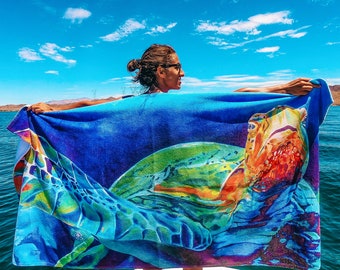 Hawaiian Turtle Beach Towel Art, Recycled Microfiber Beach Towel, Beach Art, Oversized Beach Towel, Turtle Art Print, Sea Turtle Acrylic Art