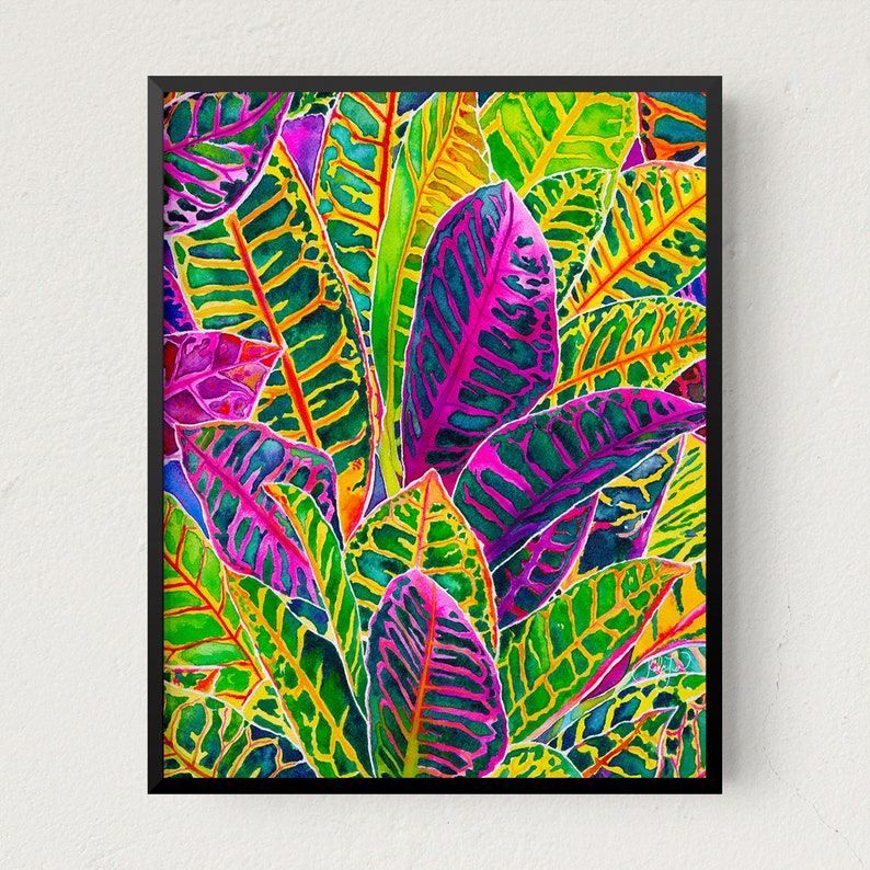 Puede incluir: Una pintura de acuarela de un grupo de hojas tropicales en tonos vibrantes de verde, amarillo, rosa y morado. Las hojas tienen un patr&oacute;n &uacute;nico de venas y manchas, creando un dise&ntilde;o visualmente llamativo y abstracto.