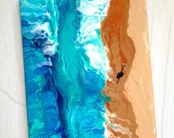 Surfer Acrylic Painting, Surf Beach Art, Ocean Aerial View, North Shore Hawaii Painting, Surf Art, Original Fluid Painting, Beach View Surf