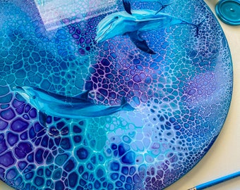 Dolphin Ocean Painting, Bottle Nose Dolphin, Dolphin Art, Acrylic Underwater Painting, Round Wood Surf Art, Surf Art, Sealife Art, Ocean Art