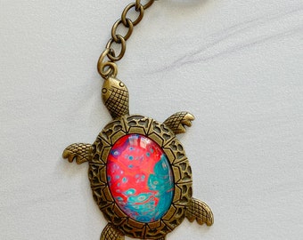 Turtle Pendant Glass Cabochon, Handmade Sea Turtle Keychain, Turtle Pendant, Hand Painted Turtle Shell, Sea Turtle Custom Art, Beach Gift