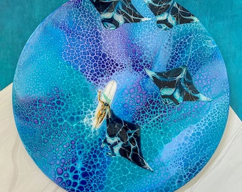 Manta Ray Ocean Painting, Giant Manta Ray, Manta Ray Art, Aerial View Surf Painting, Round Wood Surf Art, Surfer Art, Sealife Art, Ocean Art
