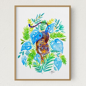 Peinture à l’aquarelle de tigre, impression d’art de tigre du Bengale, impression d’art de tigre, décor mural de jungle, illustration botanique de forêt tropicale, décor de maison de jungle