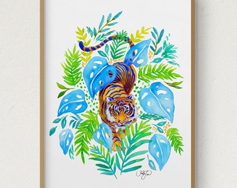 Tiger Watercolor Painting, Bengal Tiger Art Print, Tiger Art Print, Jungle Wall Decor, Botanical Rainforest Illustration, Jungle Home Decor