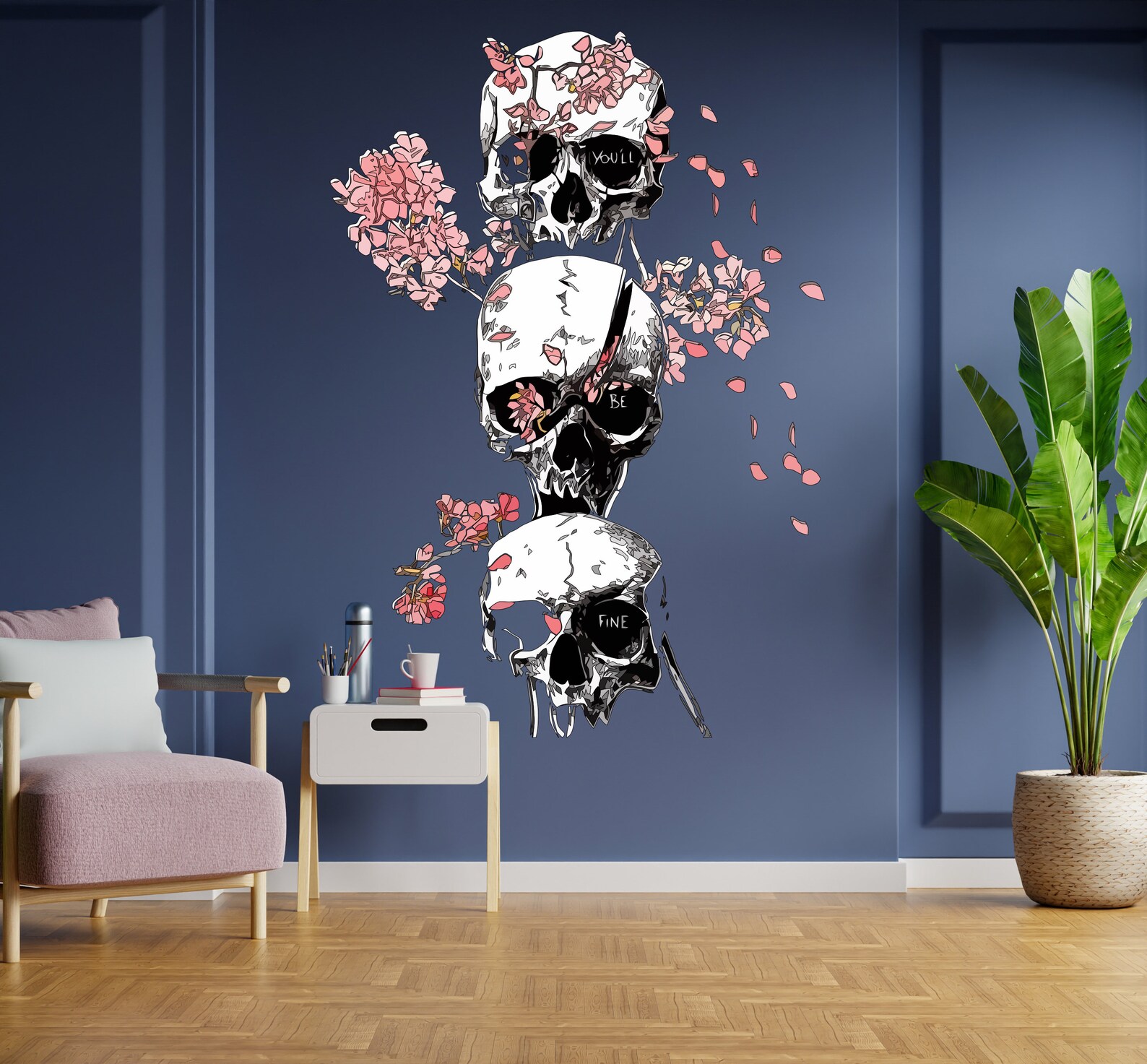 Colorful Beautiful Sakura Skull Wall Decal Colored Skull Wall Etsy