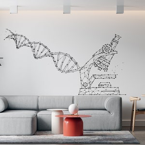 May include: A modern living room interior with a gray sectional sofa, two round coffee tables, and a dining table with four chairs. The wall features a black and white graphic of a microscope and a DNA strand.