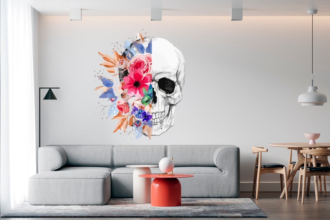Colorful Beautiful Skull With Flowers Wall Decal Colored Skull Wall
