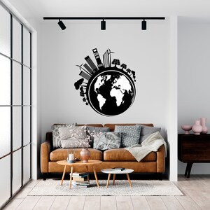 Wall Decal City Skyline, Wall Decor World Map, Wall Sticker City Skyline, Globe Wall Decal  SS 258