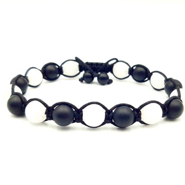 Bracelet Shamballa JADE Blanc mat / ONYX Noir mat - Pierres naturelles