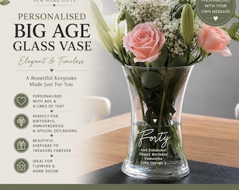 Personalised Birthday Vase, Engraved Glass Vase, Milestone Birthday Gift, New Home Gift, Anniversary Vase