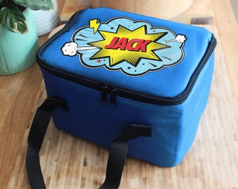 Personalised Blue School Lunchbox, Lunch bag, Packup Bag Superhero Design