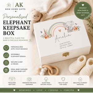 Personlig elefantminneslåda, babyminneslåda, present till nyfödd, barnrumsminne, babyshowerpresent, trälåda