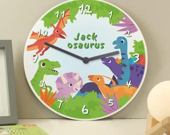 Personalised Dinosaur Children’s Clock | Dinosaur Nursery Decor | Kids Wall Clock | Personalised Dino Bedroom Gift | Nursery Wall Clock