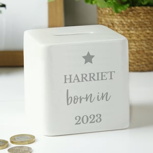 Personalised &quot;Born in&quot; Ceramic Money Box - Perfect Newborn Gift - Baby Gift - Baby Shower Present - 1st Birthday Gift