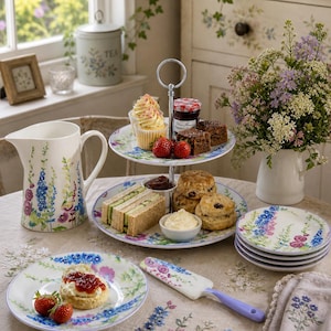 Puede incluir: Una encantadora mesa de té de la tarde con una bandeja de dos niveles, platos y una jarra, todos adornados con motivos florales en tonos azules, morados y rosas. La mesa está puesta con bollos, sándwiches, magdalenas y fresas.