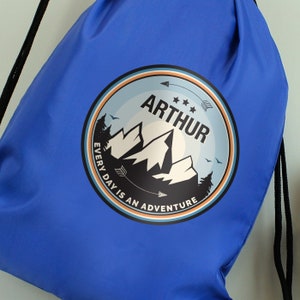 Personalised Blue School Draw String Bag, Swim Bag, Adventure Design