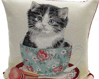 Peggy Wilkins 18 "x 18" Kitty in a Cup Gobelin gefülltes Baumwollkissen