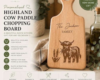 Tabla de cortar personalizada con forma de vaca de las Tierras Altas / Tabla de servir de madera grabada / Regalo para un nuevo hogar / Regalo de inauguración de casa / Regalo de boda