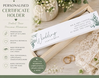 Personalised Botanical Wooden Certificate Holder | Wedding Certificate Box | Christening Baptism Graduation Keepsake Gift