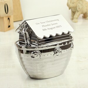 Personalised Silver ABC Money Savings Box – Cross, Hessian, Elephant, Woodland Fox Themes – UK Made - View #4