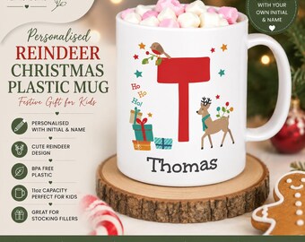 Personalised Reindeer Plastic Mug, Custom Initial & Name Christmas Mug for Kids, BPA Free Santa Cup, Christmas Stocking Filler