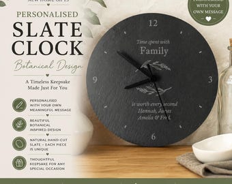 Personalised Slate Clock | Botanical Wall Clock | Rustic Home Decor | Custom Family Clock | New Home Gift | Personalised Kitchen Clock