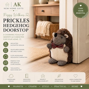May include: A weighted hedgehog doorstop featuring a brown textured back, a cream-colored herringbone patterned belly, and a small red and white plaid bowtie. The product is labeled as Peggy Wilkins Prickles Hedgehog Doorstop with text.