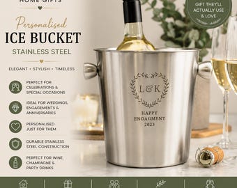 Personalised Botanical Stainless Steel Ice Bucket Wedding Gift Anniversary Gift Champagne Cooler Couple Gift Home Bar