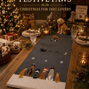Festive Paws julbordslöpare | Broderad hundjullöpare | 35 x 190 cm | Julbordsdekoration för hundälskare