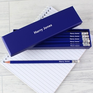Personalise Box of 12 HB Pencils - Any Name - Pencil with Eraser - Pencils for School Kids - Blue School Pencils for Boys - Writing Pencils