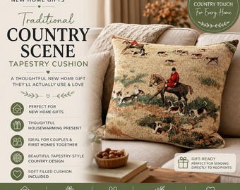 May include: A square tapestry cushion featuring a woven scene of a rider on a brown horse accompanied by a pack of hunting dogs in a field. The cushion has a beige background with green and brown landscape details and is placed on a sofa.