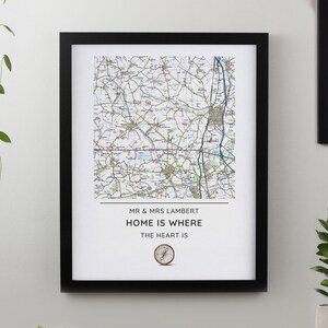 Gepersonaliseerde huidige kaart kompas zwarte posterlijst - cadeau nieuw huis - nieuw familiecadeau