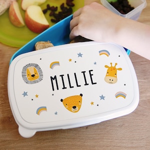 Personalised Childs Blue Safari Animals Lunchbox - Any Name - Perfect School gift, nursery gift, picnic gift.