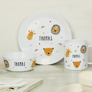 Personalisierte Safari Tiere Kunststoff Kinder Frühstück Set - Geburtstagsgeschenk - Kinder Abendessen Set - Teller Set - Weihnachtsgeschenk