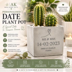 May include: A square concrete plant pot containing two green cacti. The front of the grey pot is engraved with a heart symbol, the text MR & MRS, the date 14.02.2023, and the names EMMA & CHARLES FISHER. The pot sits on a surface with white pebbles.