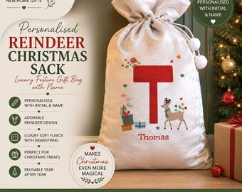Personalised Reindeer Christmas Sack, Custom Initial & Name Santa Sack, Luxury Christmas Gift Bag for Kids, Christmas Eve Sack
