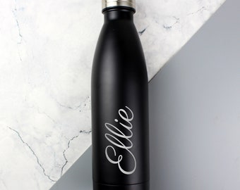 Personalised Name Insulated Metal Black Drinks Bottle - Perfect Back to School, New Job, Works Water Bottle -