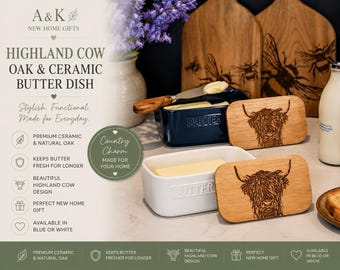 Blue or White - Selbrae House 'The Just Slate Company' Highland Cow Oak & Ceramic Butter Dish - Home Decor Gift - Country Home